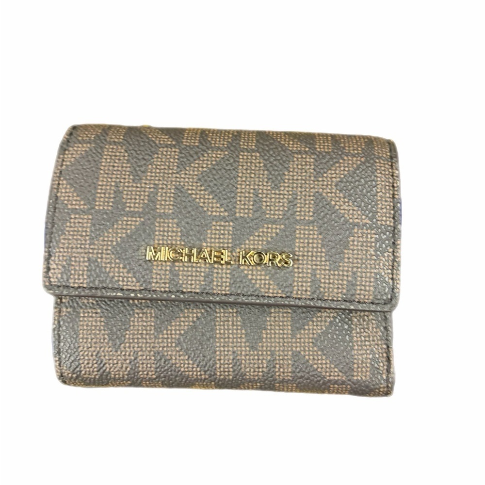 Michael Kors Brown and Dark Brown MK Logo Compact Wallet with Gold Hardware